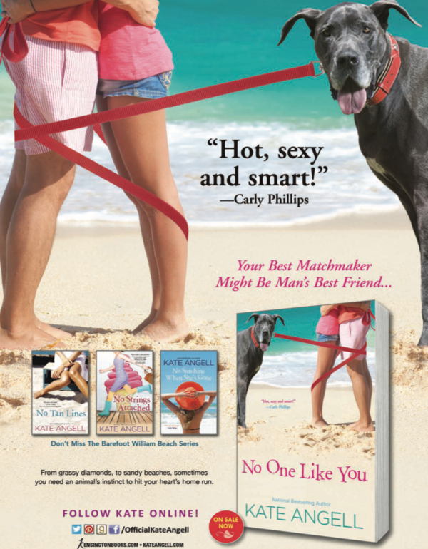 An ad for Kate Angell's no One Like You, with the cover art forming the majority of the ad. There's a grey great dane over to the right with a leash on - but the leash is clearly photoshopped. The leash wraps around (not really) the legs of a couple on the left, as they stand in on the beach. It's incredibly weird and uncanny valley. 