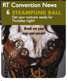 STEAMPUNK BALL - a photograph of a bosom. In a brown leather corset and ruffly blouse, with the words break out your cogs and corsets 