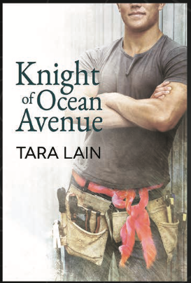 Knight of ocean avenue with an illustration of a man with his arms folded across his chest wearing a tool belt and jeans with a red scarf wound into the belt loops except it looks like his intestines are falling out. 