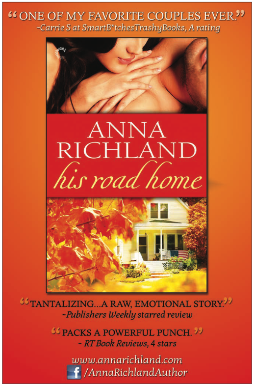 An ad for His Road HOme by Anna Richland, featuring a review quote from Carrie at the top 
