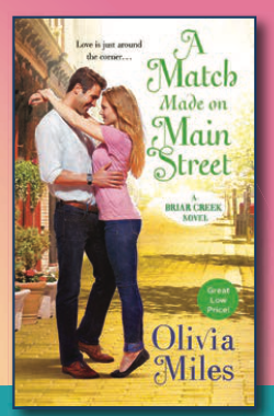 A Match Made on Main Street by Olivia Miles - a white couple embracing because all these small towns were full of only white peopel which isn't creepy or anything, no, it's just fine, and the heroine is wearing a pink blouse top, skinny jeans, and flats. 