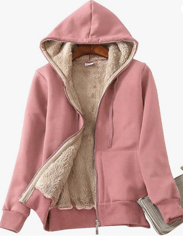A pink hoodie with visible sherpa fleece on the inside of the jacket, sleeves and hood 