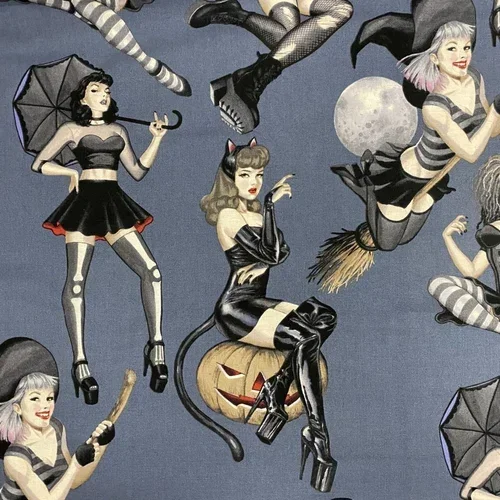 A close up of pinup style witches wearing black patent leather and grey and black stripes sitting on pumpkins and flying on brooms