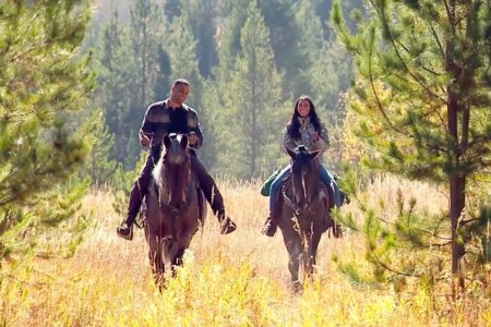 Grant and Litia ride horses