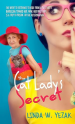 The Cat Lady's Secret by Linda W. Yezak. Half of a woman from the shoulders up takes up most of the cover. She has dark hair pulled up with pink, think-rimmed glasses and pink lips. Her finger is at her mouth and she's looking up in a thinking motion. Over her right shoulder is a smaller image of a older woman in a big red sunhat carrying a cat in a big red purse.