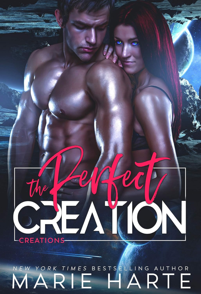 The Perfect Creation by Marie Harte. These are two very shiny individuals. There's a shirtless man looking down at his shoulder. A woman with red and black hair stands behind him. She's equally as shiny and has electric blue eyes. 