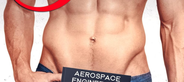 Space Junk by Sara L. Hudson. A shirtless, headless man in jeans. There are two disembodied hands holding up a book at his crotch level from the bottom of the page. The book cover has a rocket with a space shuttle and is titled Aerospace Engineering.