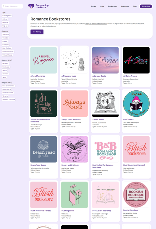 A screenshot of the romance bookstore directory, with alphabetical icons for bookstores starting with A Novel Romance 