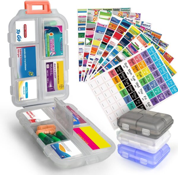 A folding plastic pillbox with compartments plus an array of stickers for different over the counter meds with the brand names removed but it's pretty obvious what they are.