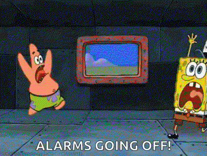 spongebob and patrick run around while alarms go off