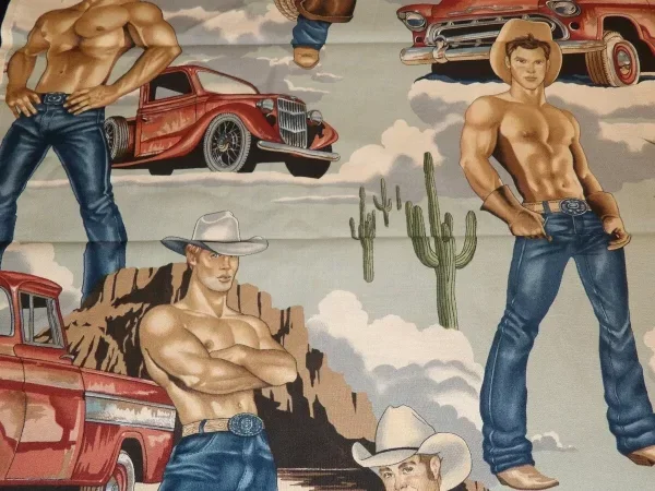 A picture of the Wranglers fabric pattern featuring shirtless muscular men in cowboy hats and jeans posing while flexing. 