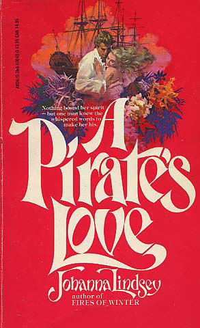 A PIrate's Love - a red cover with an illustration of a blonde man embracing a blonde woman with long flowing hair that defies gravity with a pirate ship in the background 