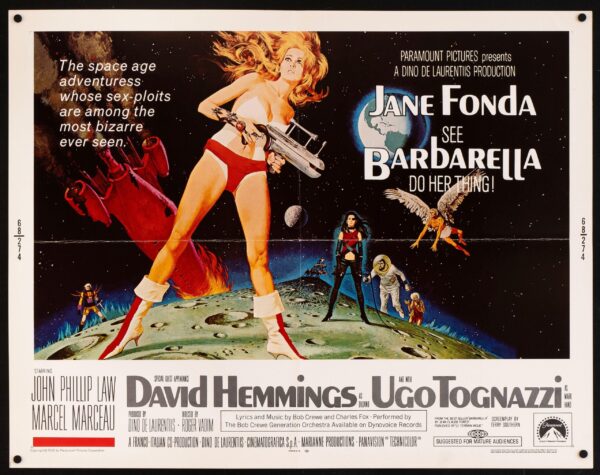 Barbarella poster starring Jane Fonda - a large blonde woman in short red pants and knee high boots holding a gun while standing on a tilting planet 