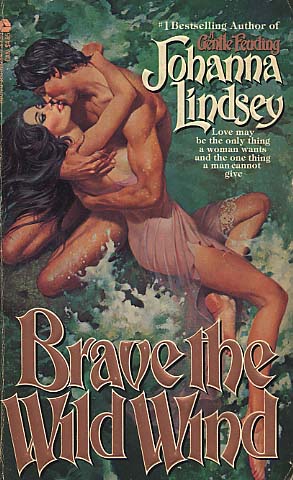 Brave the Wild Wind - a muscular White couple with dark hair embracing on some water and rocks (ow) she is wearing a diaphanous purple gown and he is naked 