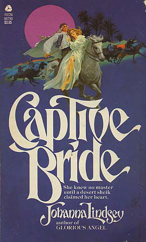 Captive Bride - a mostly purple cover with an illustration of a man and a woman on horseback. She is across his lap wearing a long white flowy gown 