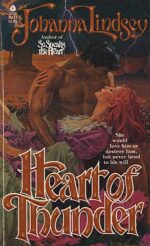 Heart of Thunder - a red haired woman in a purple dress with white ruffles reclines in the arms of a very muscular man with no clothes on