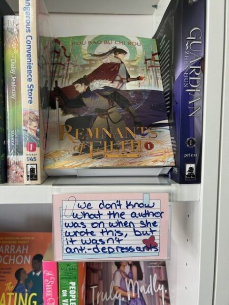 The book Remnants of Filth with the tag under it reading We don't know what the author was one when they wrote this, but it wasn't anti-depressants