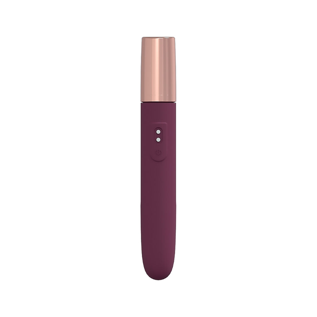 A burgundy small vibrator with a rose cold cap.