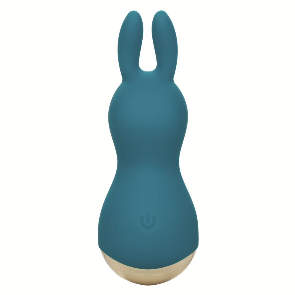A teal vibrator in the shape of a rabbit. The bottom is rounded (like a weeble wooble) and is gold.