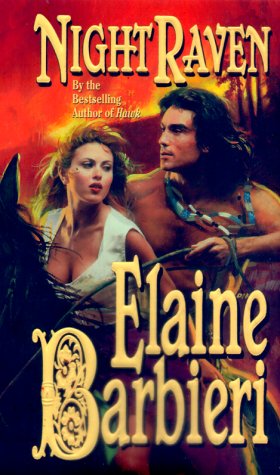 Night Raven - a man with shoulder length wavy hair and no shirt and some blue beaded necklaces with a blonde woman in front on horseback with a very buxom décolletage and the horse is staring right at the reader.