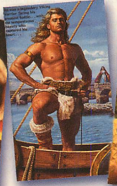 The stepback image of Heather Graham's Lord of the Wolves. He's got long blond hair, he's mostly naked with fur boots and a fur diaper with a wide belt. Over his shoulder is a circle with a woman who looks annoyed.