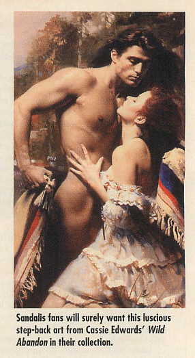 An illustration from Cassie Edwards' Wild Abandon, featuring a white woman in an off the shoulder gown kneeling in front of Steve, who is entirely nude. He has no pants on.