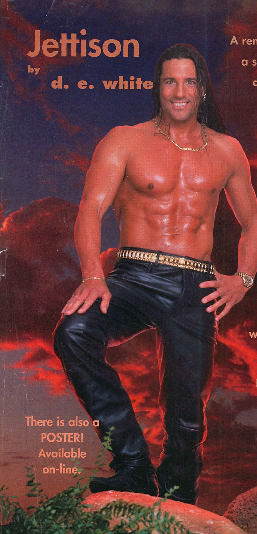 A shirtless and shiny extreme troy wearing leather pants and a gold belt and chain smiling as he stands on a rock with some violently red clouds behind him.