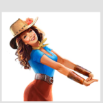 A vintage illustration of a white woman with wavy brown hair, a blue vneck shirt and a cowboy hat. She is turned to the side and her arms are out in front of her waist, with her hands folded like she's dancing