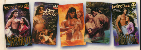 The Sky Pirate - big puffy white shirt and long hair! Touch the Night with him standing shirtless and extending his hand to the reader. A stepback of naked Steve in what looks like fire water, like the water is orange and on fire, another stepback of him embracing a woman in some water naked from the back, and Wild Hawk - which features Steve shirtless in jeans. 