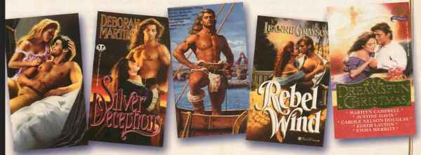 Some stepback illlustration of shirtless Steve, pllus Silver Deceptions by Deborah Martins, another stepback of Steve in a fur diaper bikini bottom, Rebel Wind b Leeanne Gryson, and Dreamspun Christmas 