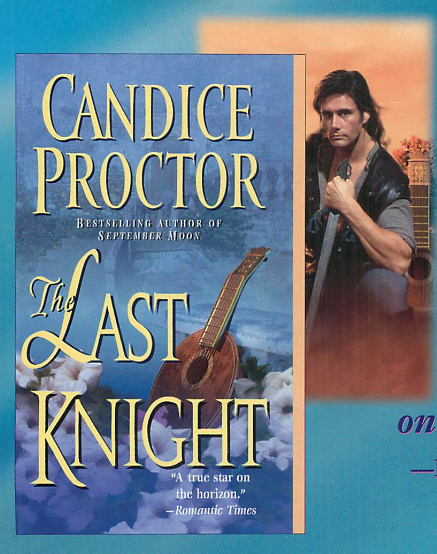 Candice Proctor's The Last Knight.has a lute and some flowers on the cover, but behind the book cover is the stepback - John DeSalvo holding a sword, with the lute behind him, and a MULLET 