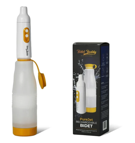 Purejet portable bidet - a translucent bottle with yellow trim and a bidet wand at the top with yellow buttons and a white nozzle
