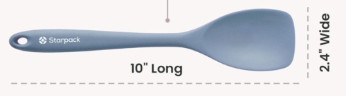 a grey silicone spatula with a spoon end that's rounded on the corners. it's light dusty blue and is 10" long by 2.4" wide