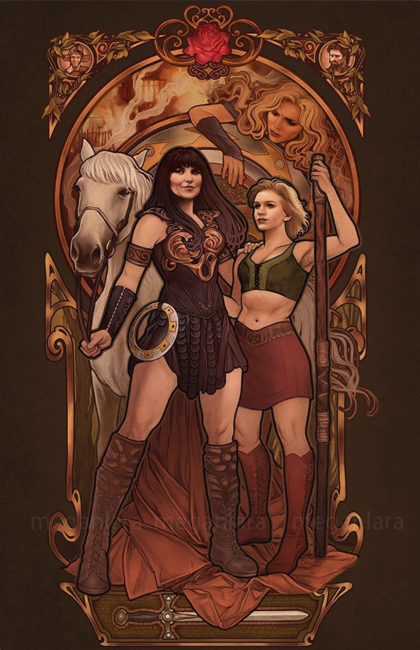 Xena and Gabrielle post in the center of an art nouveau style print done in shades of green and gold 
