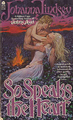 A blonde woman seems to collapse in the arms of a naked blonde guy in a sea of blue flowers. She is wearing a pale lilac gown . he's starkers
