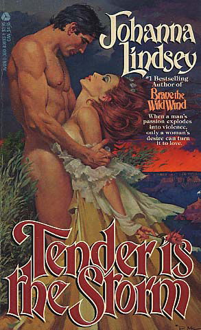 Tender is the Storm - he's completely naked turned to the side and his root of manhood is aimed right into the sternum of a kneeling red haired woman arching her back while wearing a yellow ruffly dress 