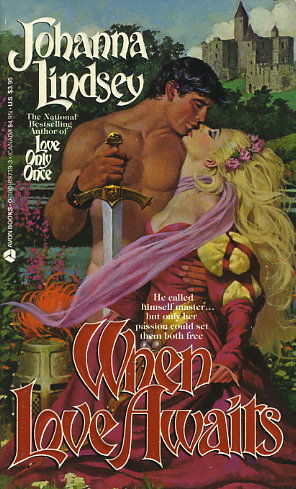 When Love Awaits - naked man with dark hair embraces a swooning woman with purple flowers in her hair and a pink Tudor gown 