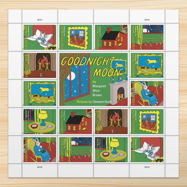 A block of the entire Goodnight Moon stamps set, with images from the book such as the bunny in bed, thee fire, the little old lady, and the cow jumping over the moon