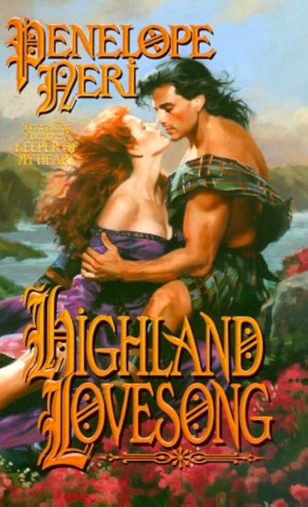 John DeSalvo and a truly impressive mullet nearly to his shoulder blades is shirtless of course in a kilt and is looking down at a woman with red hair. he seems to be peeling the gown off her shoulders. Behind them are some rocks and water and a castle 