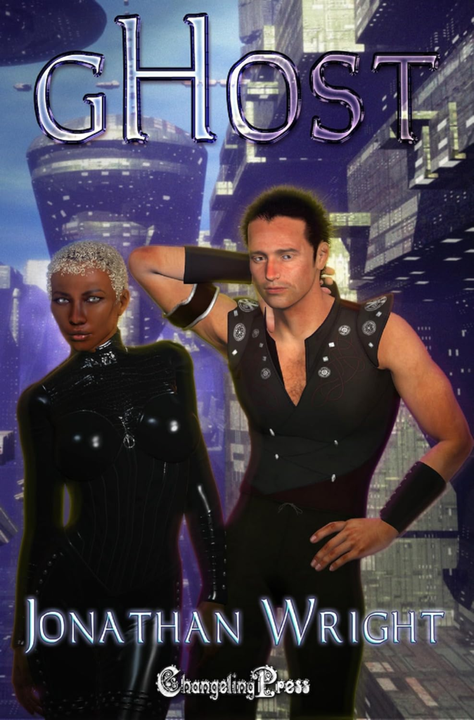 Ghost by Jonathan Wright. A futuristic city in the background. Two figures are in the foreground and are 3D models like what you'd see in Second Life. One is a woman with brown skin in a black latex suit. Her hair is closely shaved to her head and is silver in color. The man has white skin and has one arm behind his head. He has a very pronounced widows peak and has on leather pants, a deep cut sleeveless shirt, and gauntlets. His nose is red, making him look like he has a cold.