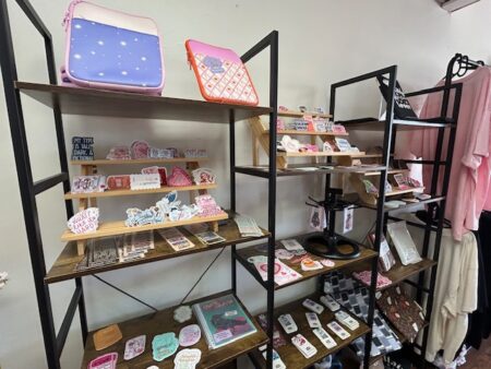 two shelves with lots of stickers on them as well as zip covers for tablets and ereaders 