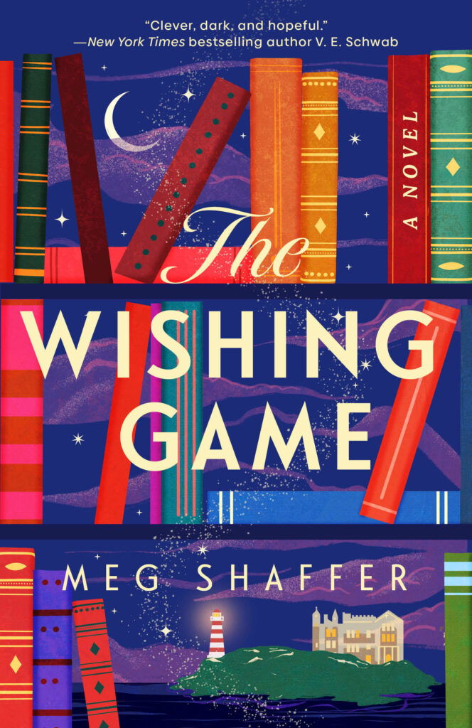 The Wishing Game by Meg Shaffer. A bookshelf with colorful books. In between the space of books leaning or open games is the image of a purple, night sky and a crescent moon. There's a small green island with a lighthouse and large manor.