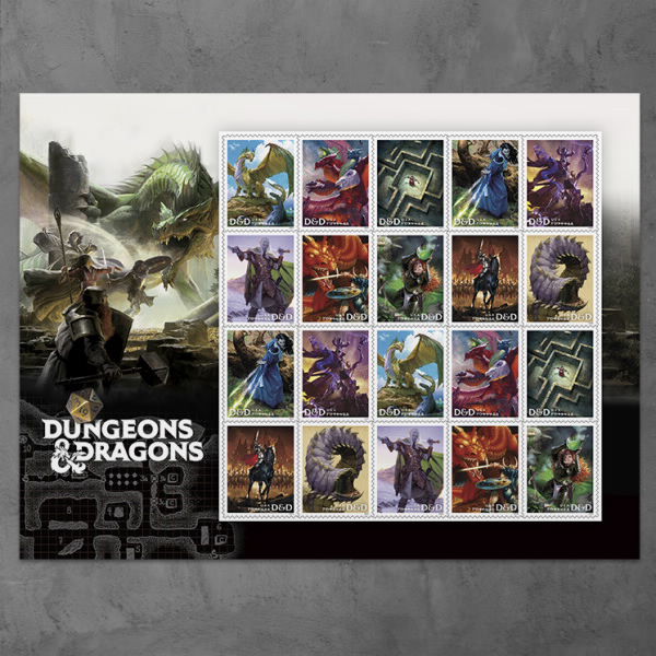 A panel of 20 different dungeons and dragons stamps showing characters, and of course dragons