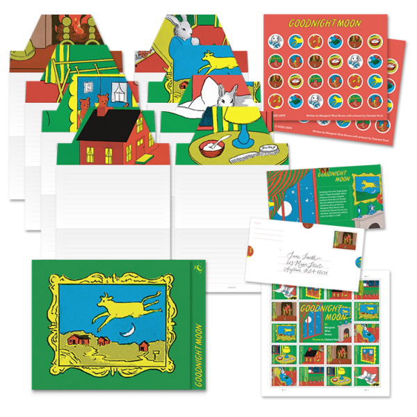 a goodnight moon writing kit with stamps seals, fold and mail stationery printed with art from the book