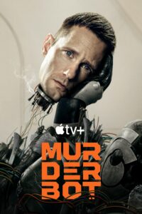 The poster for Murderbot, with a robotic arm holding the severed robot head of Alexander Skarsgard above the title in orange with three letters on each line 