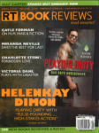 RT Book Reviews magazine issue Feb 2015. The cover of HelenKay Dimon's Playing Dirty is featured, which as a man standing to the side in a tank top. he has massive arm muscles, like volkswagon beetles parked on his arm, and he's kinda dirty with smudges. He's wearing aviators and is holding a gun