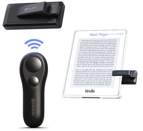 A black page turner device with a remote and a clip that goes on the side of the reader or device 