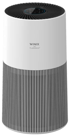 Winix air purifer: white column with vents at the bottom and a black lid with a white top third that says WINIX 