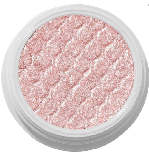 sparkly light pink eyeshadow pressed into a circular container with a sort of bubble pattern embossed on top 