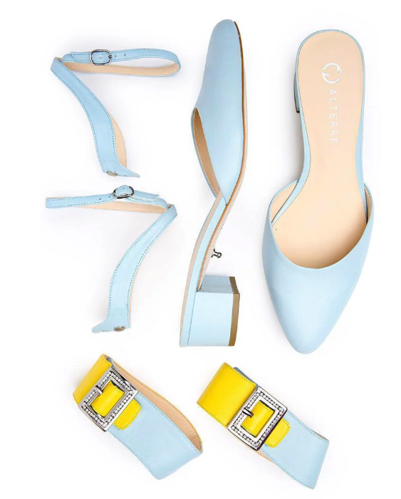 Light blue slides with a rounded two, plus two mid foot and ankle strap options that attach beneath